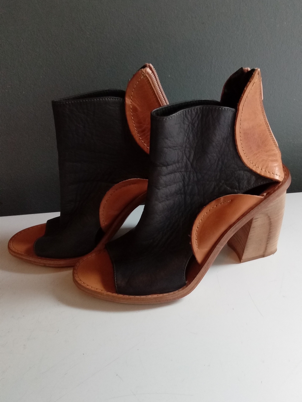 Free People Black and Tan Leather Peep-Toe Block Heel Booties